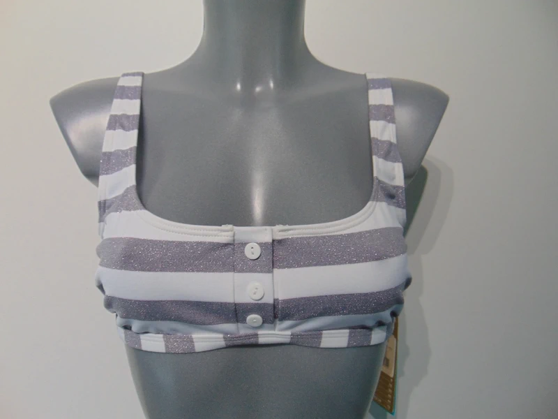 Moontide Piha Super Stripes Grey + White Sporty Bralette Bikini Top UK 12