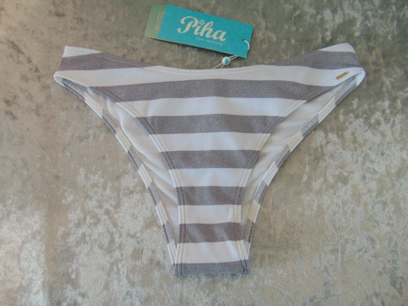 Moontide Piha Super Stripes Grey + White Hipster Bikini Swim Briefs Bottoms UK 10