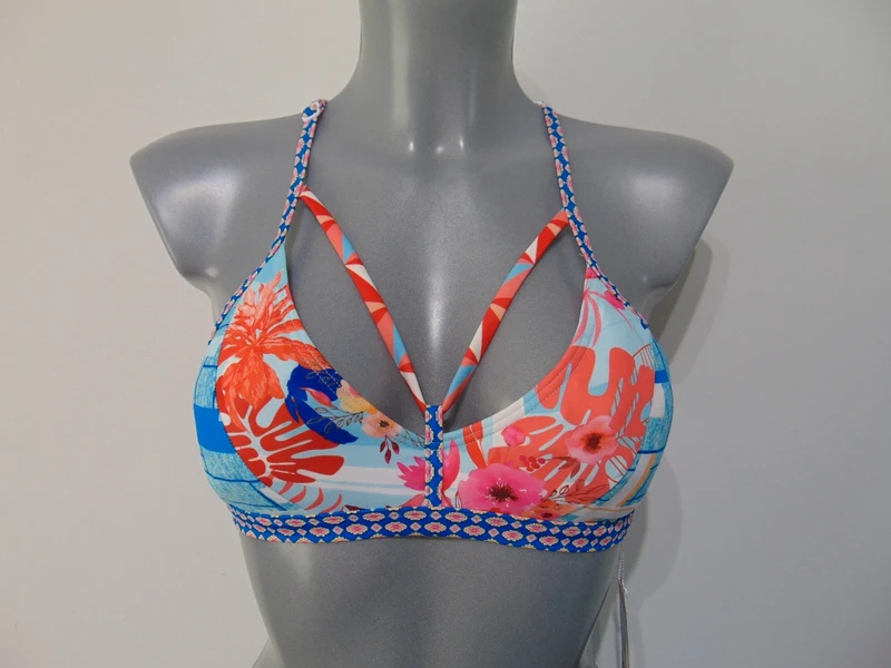 Moontide Piha Tartan Patch Strappy Plunge Bikini Top UK 8 D to DD UK 30D to DD cup