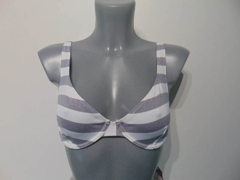 Moontide Piha Super Stripes Grey + White Underwired Bikini Top UK 8 C to D Cup 30C 30D