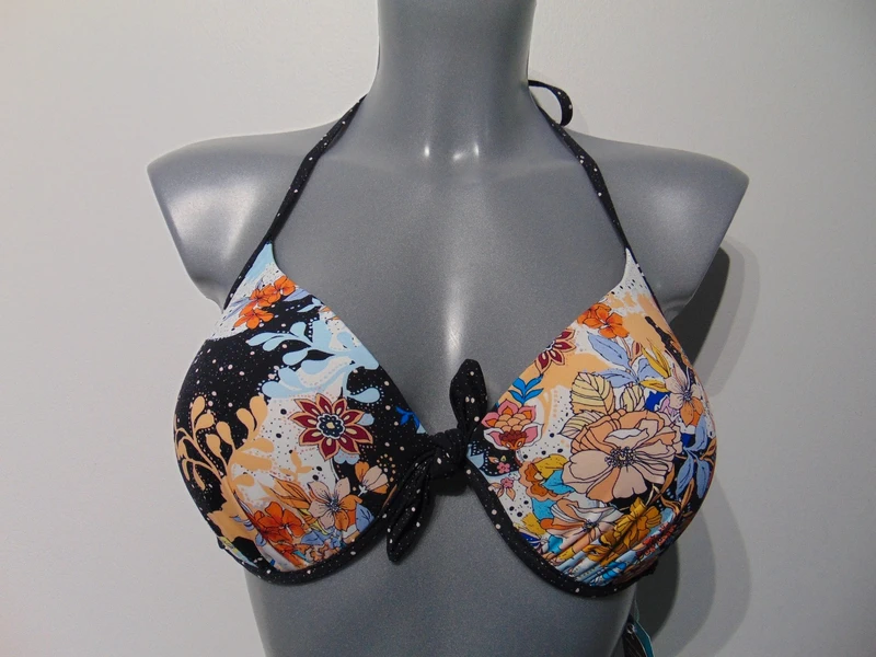 Moontide Piha Mystical Garden Black + Multi Bikini Top UK 14 C to D Cup UK 36C 36D Cup