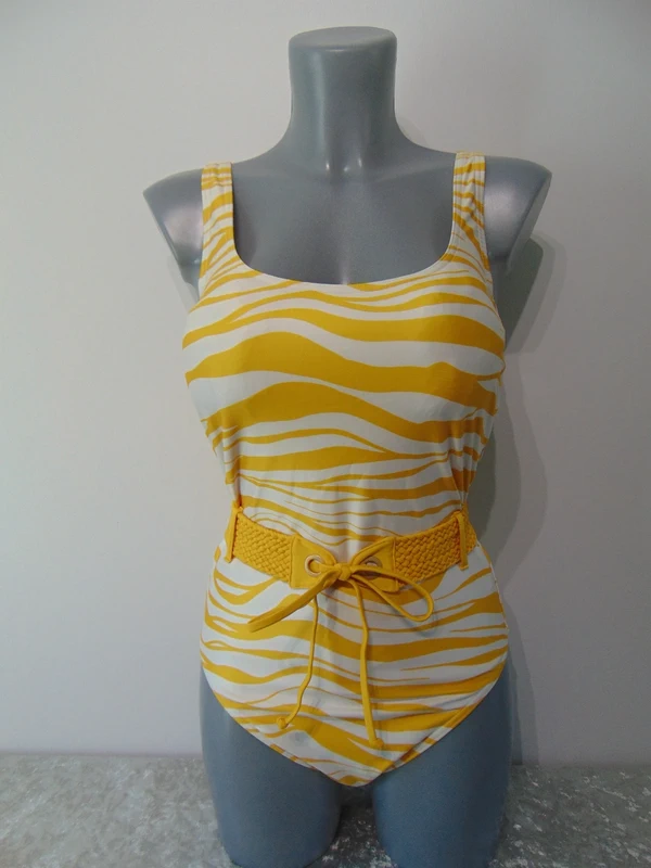 Figleaves Samara Yellow + White Belted Tummy Control Swimsuit UK 32DD UK 10 DD Cup