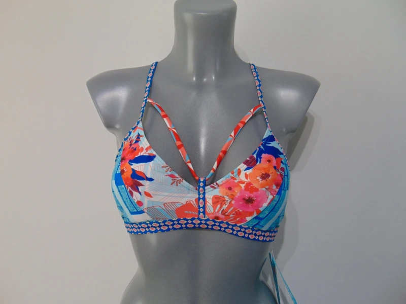 Moontide Piha Tartan Patch Strappy Plunge Bikini Top UK 10 B to C UK 32B to C cup