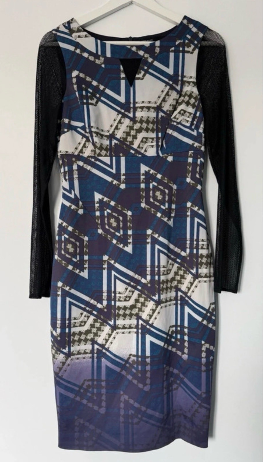 Karen Millen Geometric Print  Wiggle Dress Size 12 Mesh Sleeve Purple Blue wedding