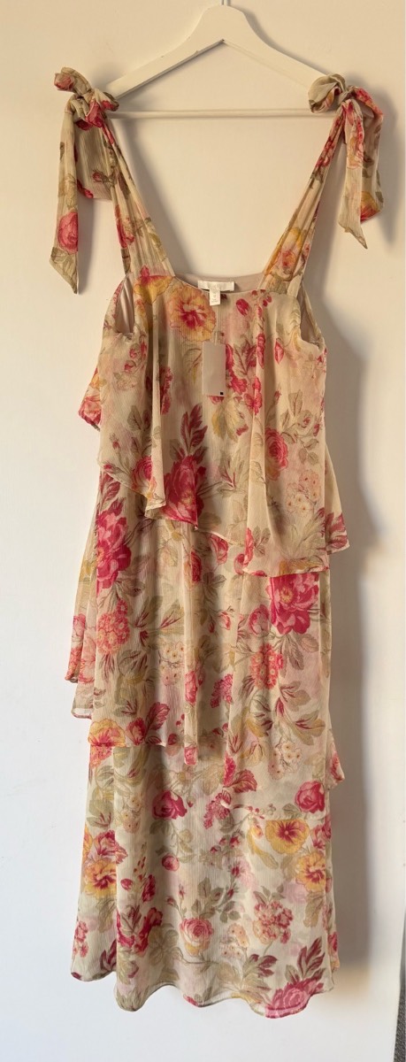 H&M bnwt Cream Pink Floral Print Tiered Ruffle Tie Strap Maxi Dress Size 10