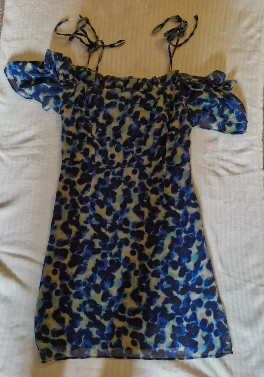 Topshop frill Bardot Tie Shoulder Animal mini dress blue green- Size 12