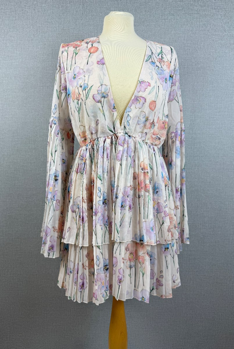 SHEIN Blush Pink Watercolour Floral Pleated Mini Dress Long Sleeve Large