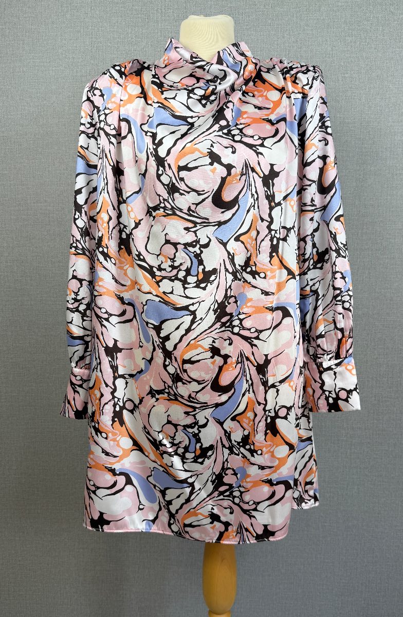 River Island Pink Marble Print Satin Mini Dress UK 16 High Neck Long Sleeve Shift