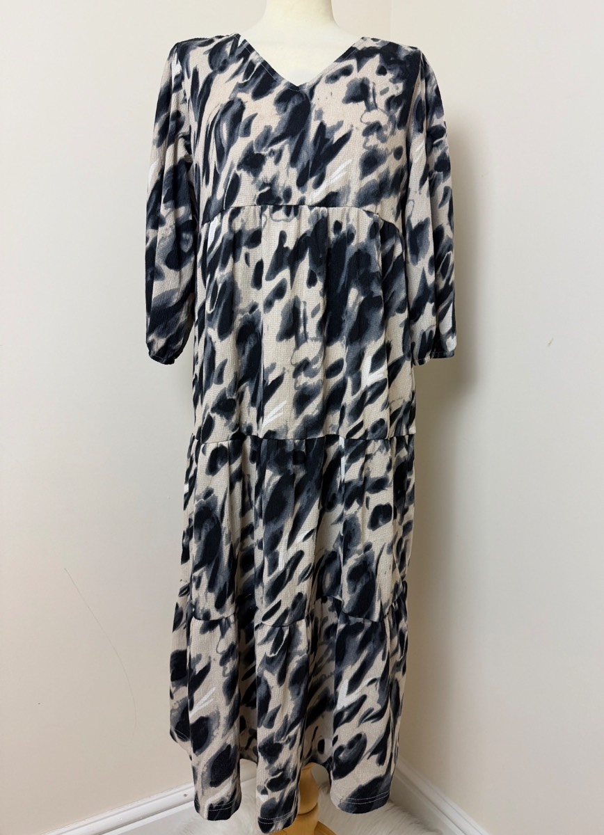 Esmara Maxi Dress Uk12 14 Blue Cream Black Animal Print Tiered Summer Holiday