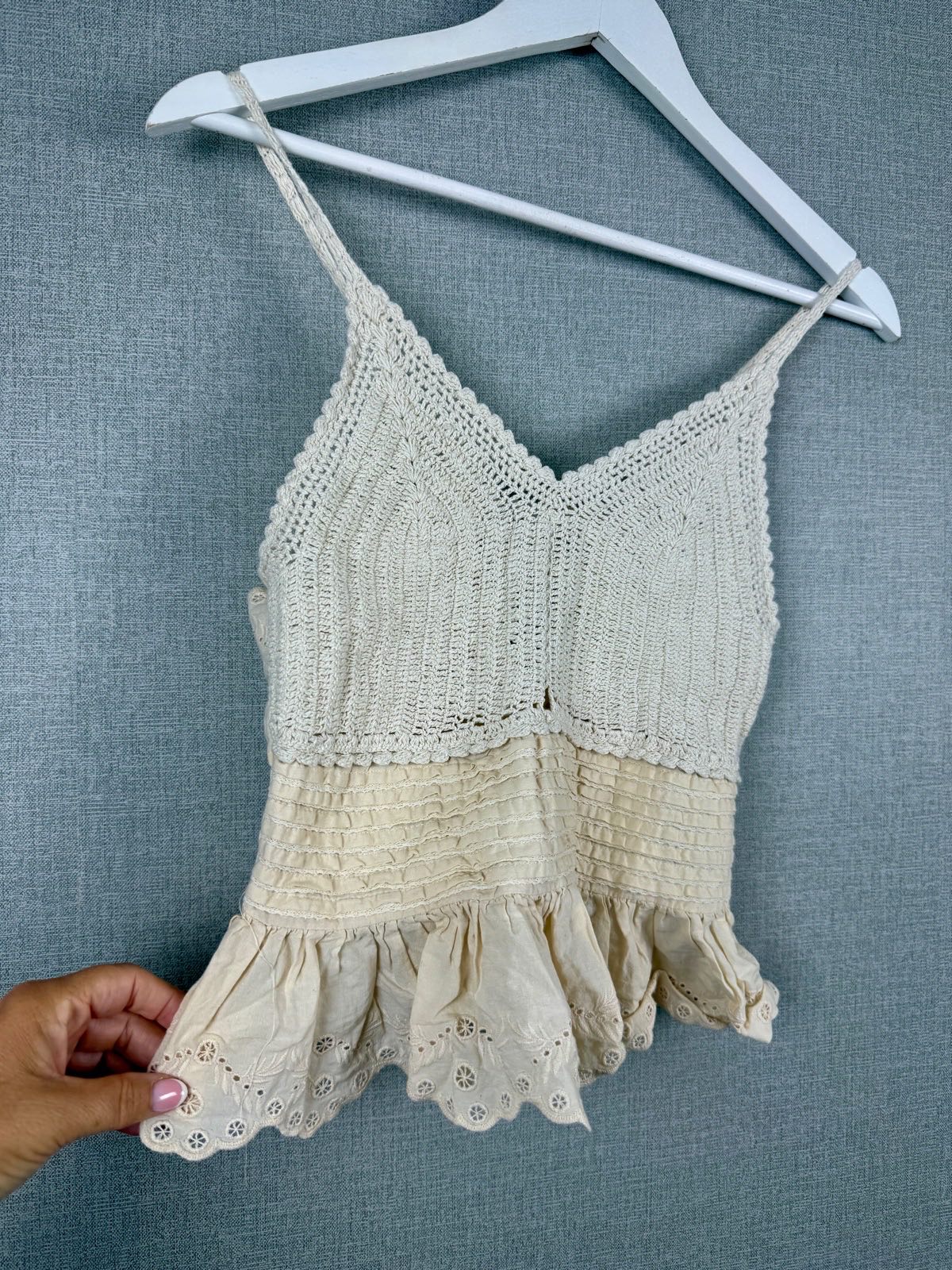 Zara Crochet Cami Top UK 8 Cream Ecru Embroidered Peplum Boho Festival