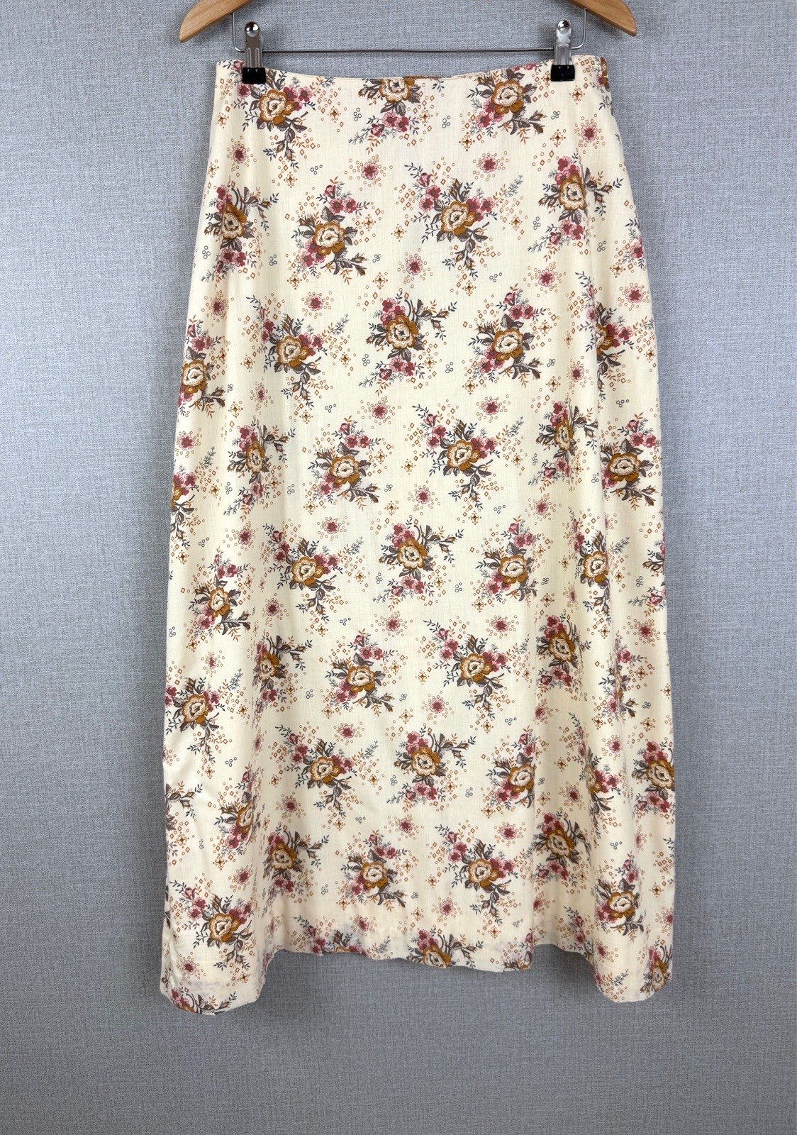 Cream Floral Midi Skirt A Line Vintage Boho Flower Print UK 12