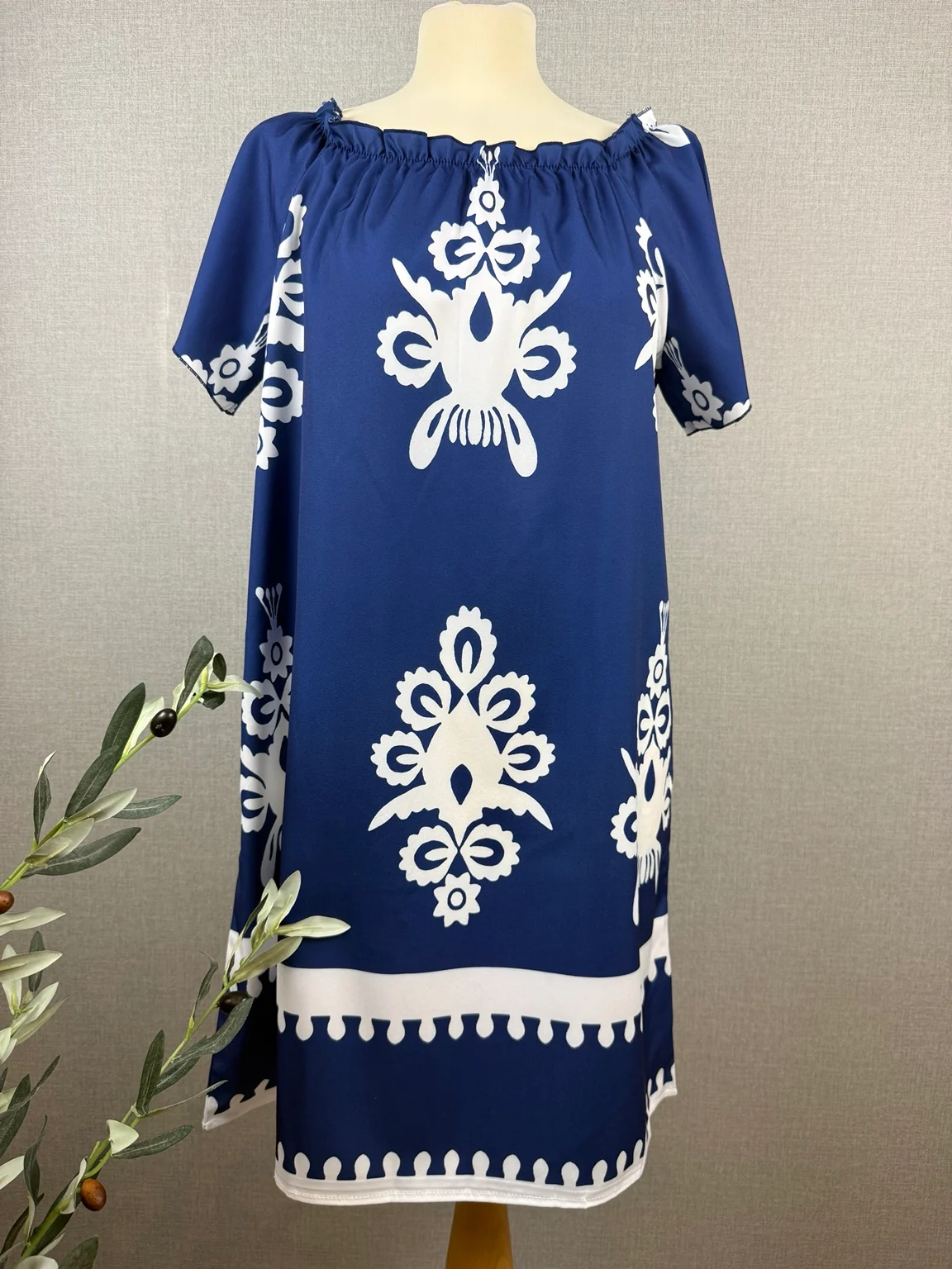 SHEIN L Blue White Off Shoulder Mini Dress Floral Print Summer Holiday Beach Boho
