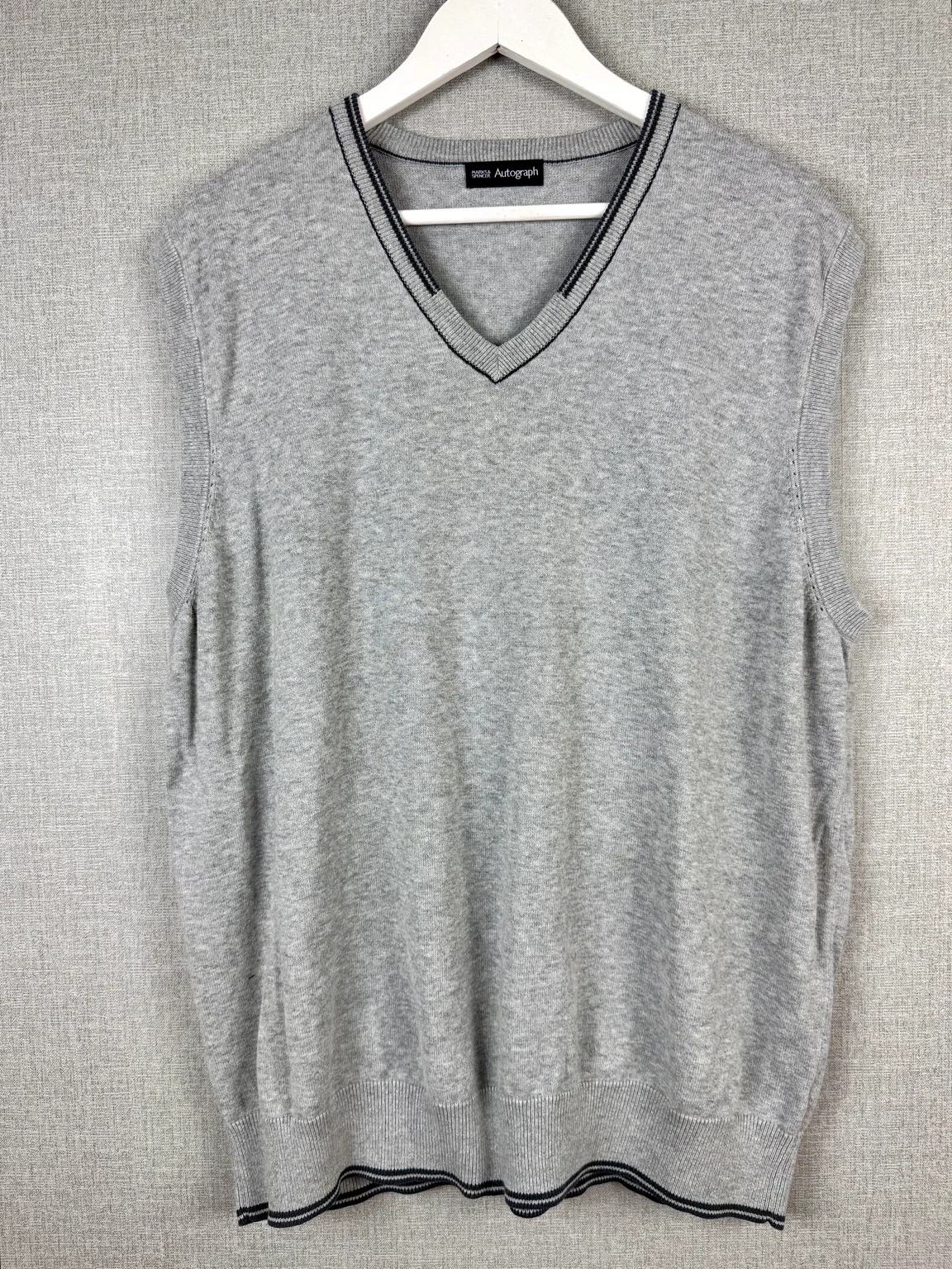 M&S Autograph Men's V Neck Sleeveless Jumper Vest Light Grey 100% Cotton XL