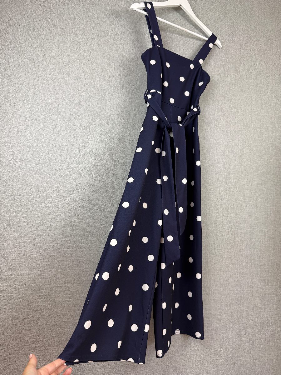 New Look Navy White Polka Dot Cropped Wide Leg Jumpsuit Belted UK 8