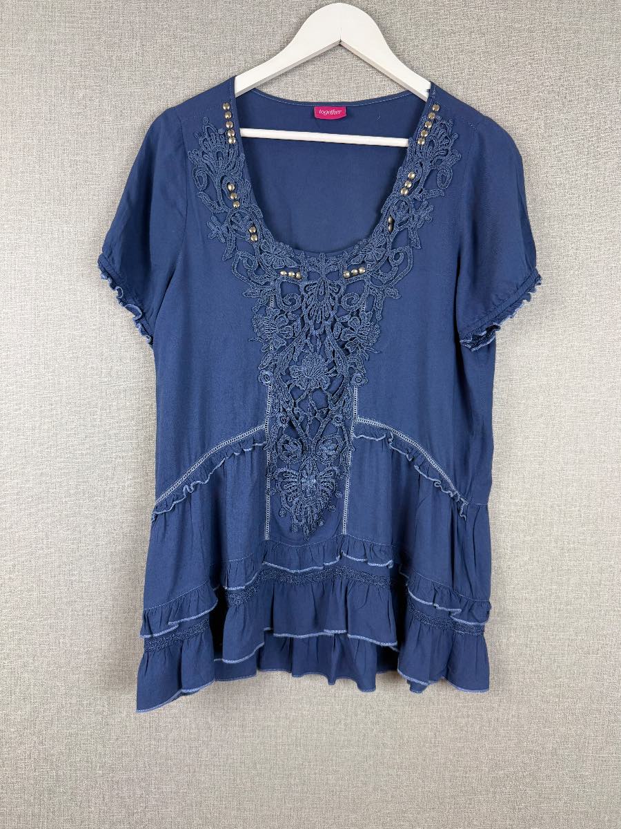Together Blue Embroidered Stud Detail Tiered Tunic Top Size 14