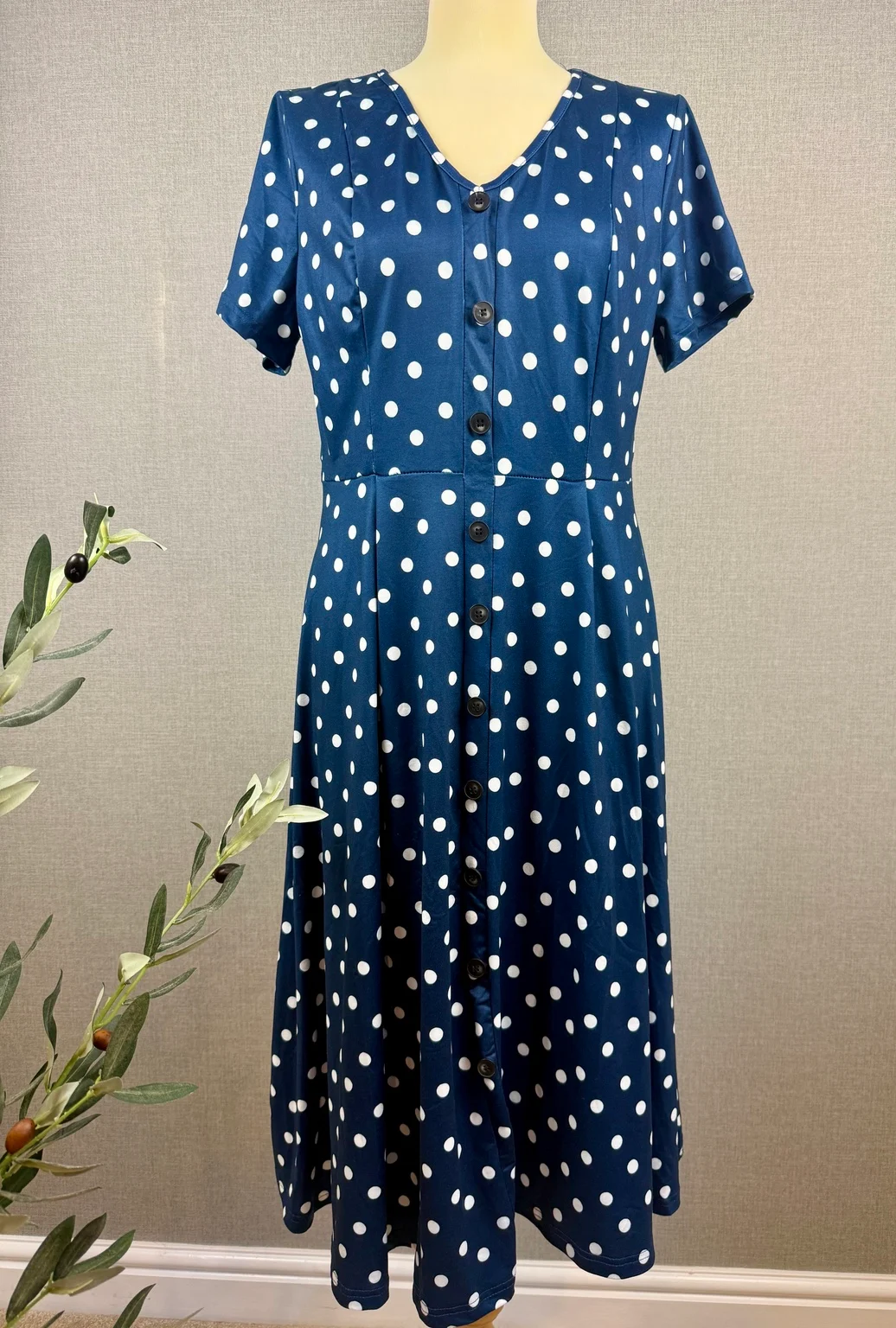 SHEIN Navy Blue Polka Dot Midi Dress Button Front Fit & Flare Short Sleeve UK 16