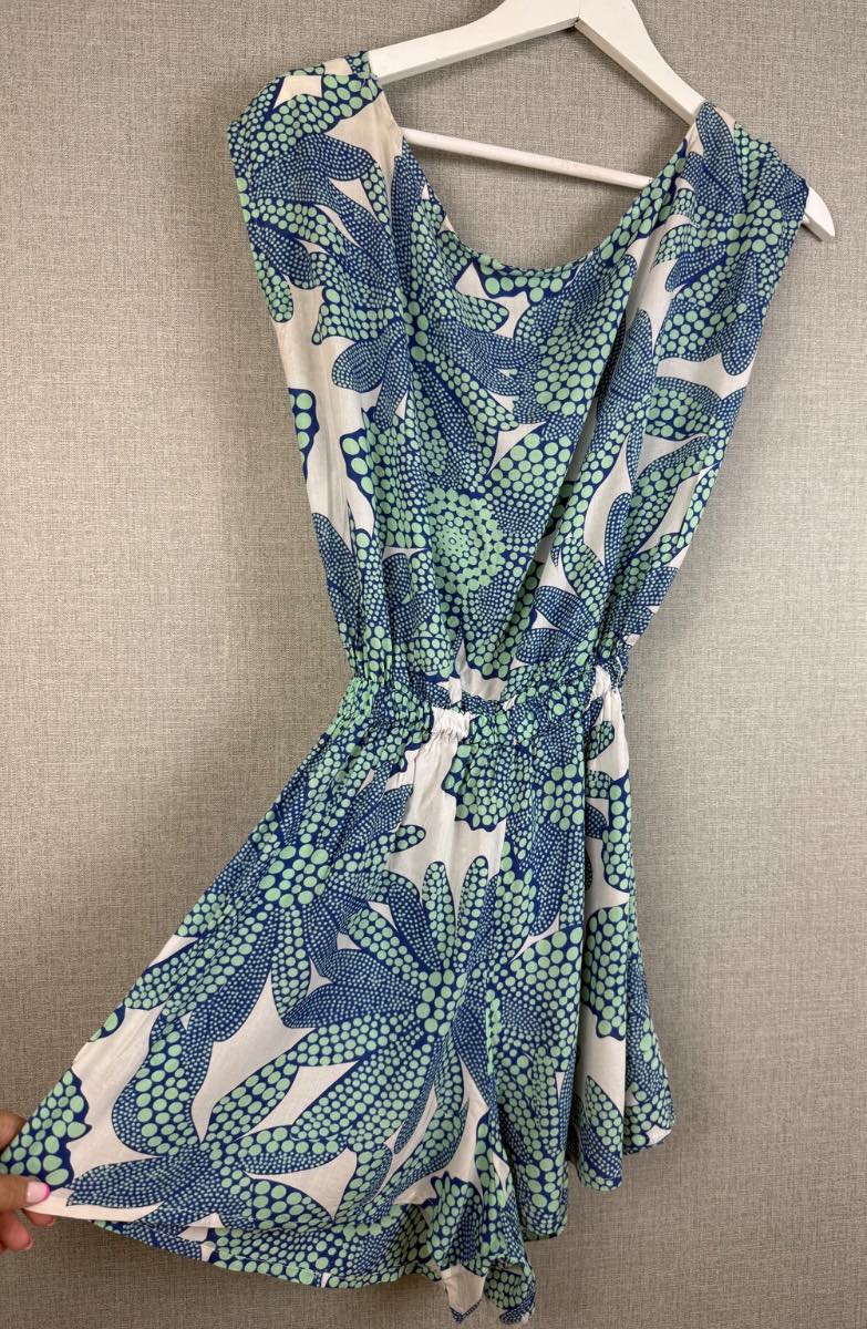 Mon & Jong Blue Green Floral Print Open Back Playsuit One Size Holiday Boho