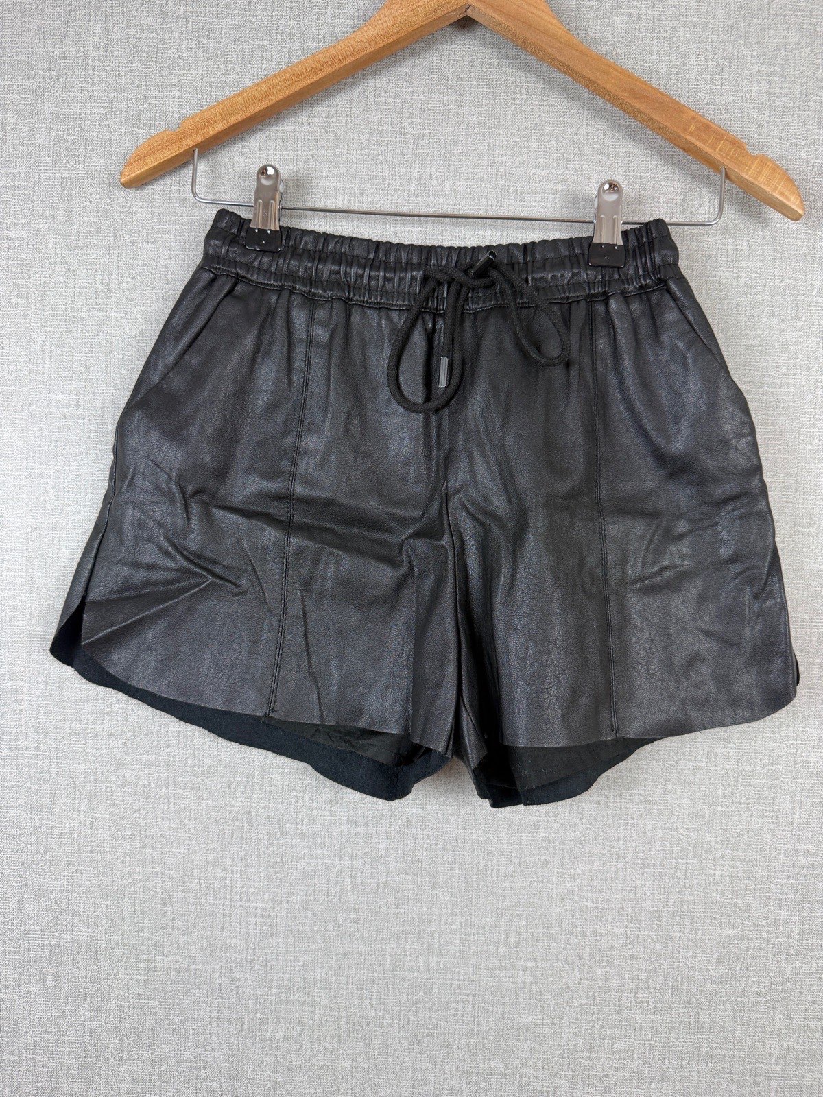 Black Faux Leather Look Shorts Elasticated Drawstring Waist Wide Leg Casual Party UK 10