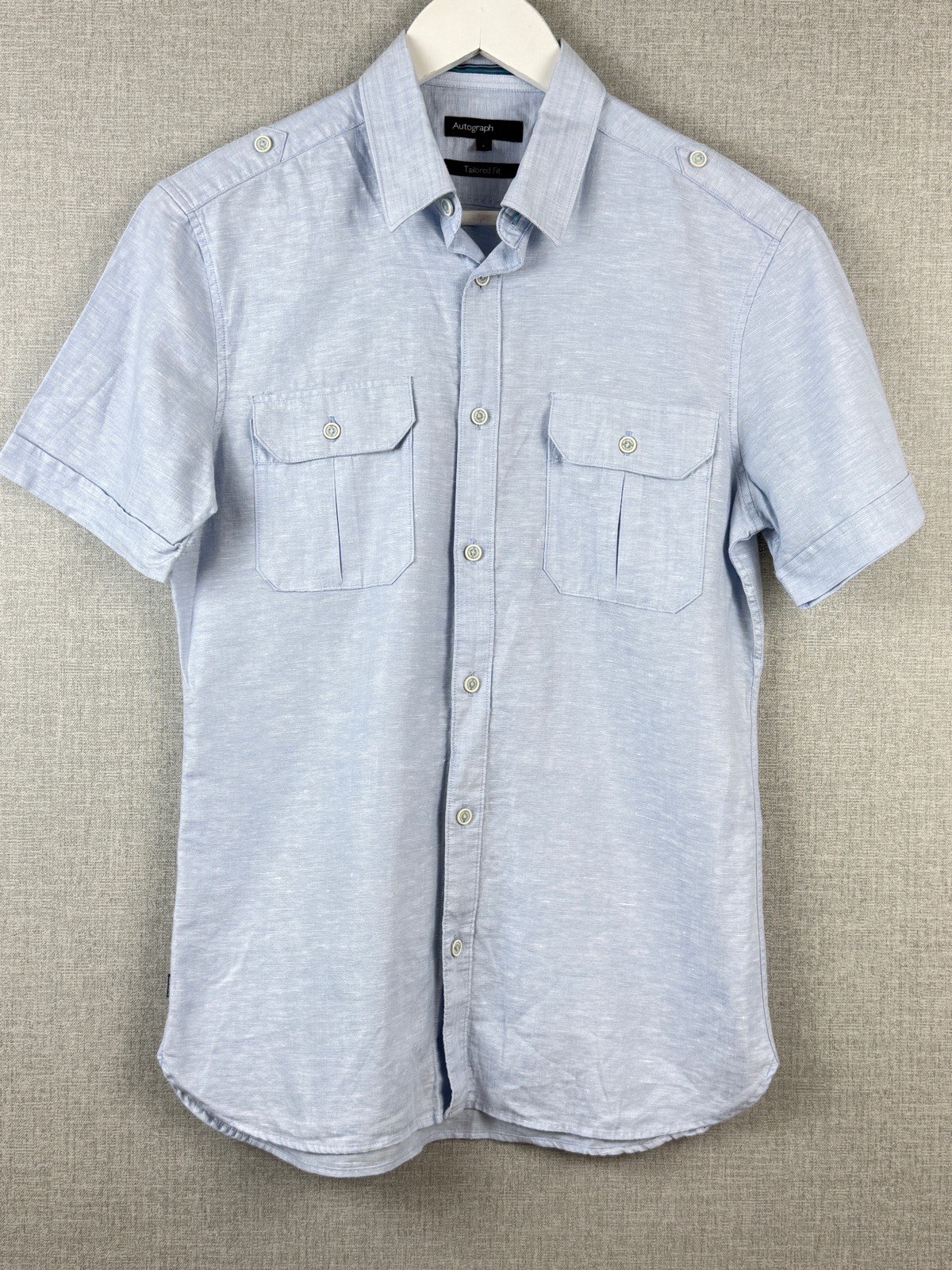 M&S Autograph Mens Shirt Size M Light Blue Short Sleeve Tailored Fit Utility Pockets