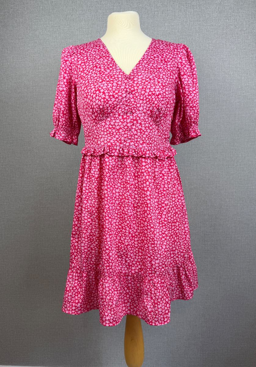 New Look Pink Ditsy Floral Mini Tea Dress Puff Sleeve V Neck Ruffle Hem UK 10