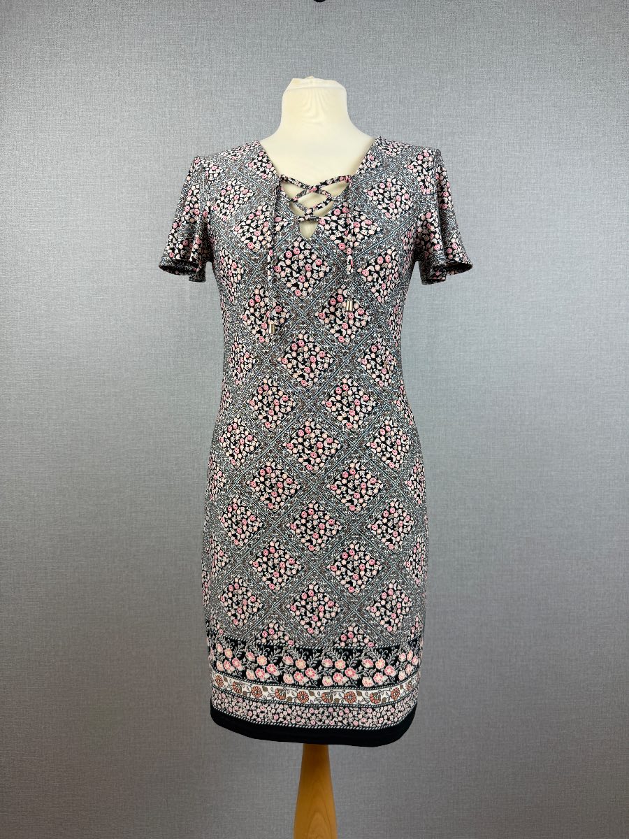 F&F Black Pink Floral Print Lace Up Neck Shift Dress UK 8 Short Sleeve Mini