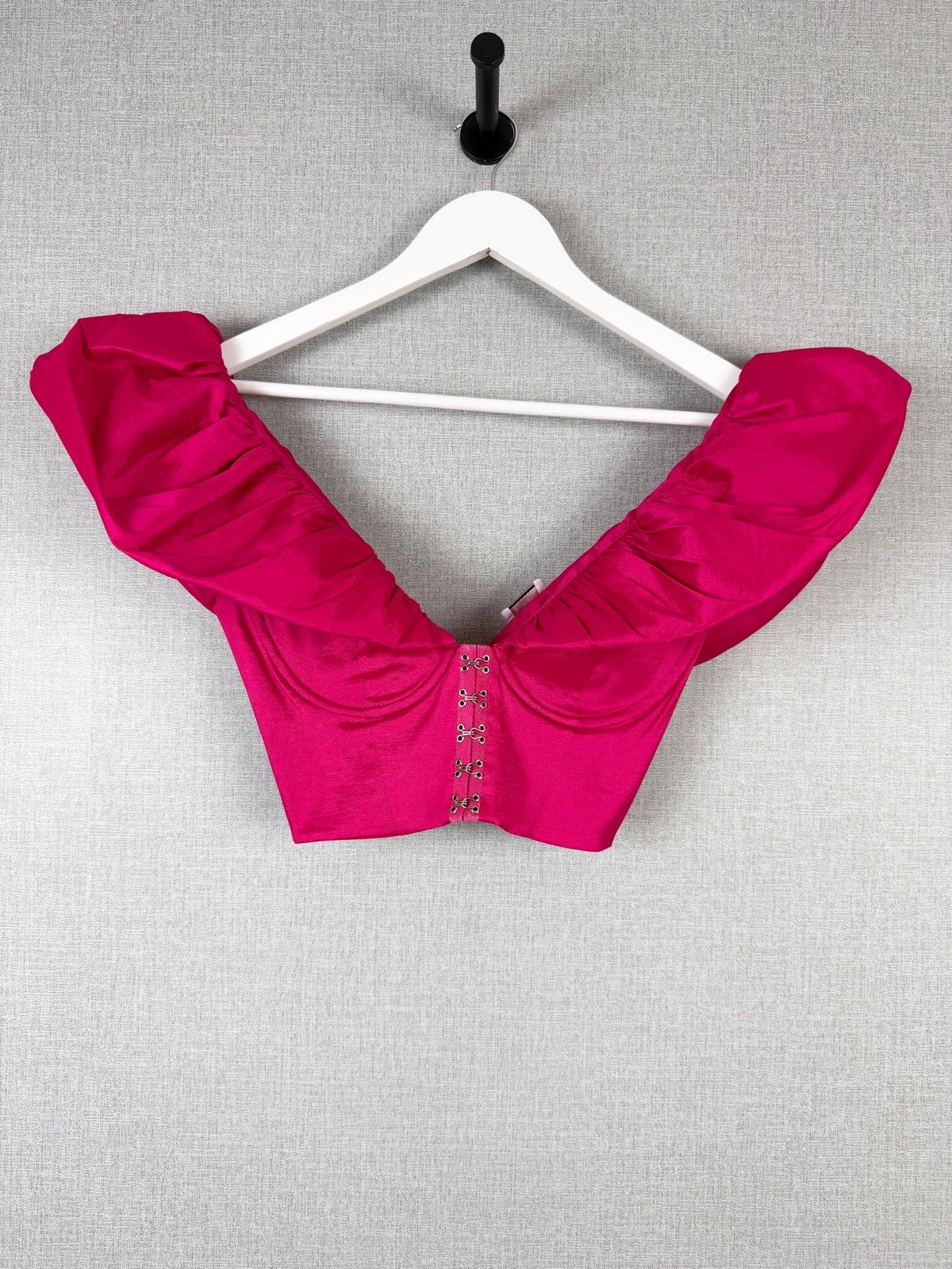 Oh Polly Hot Pink Ruched Corset Top Long Sleeve Bardot Off Shoulder UK 6
