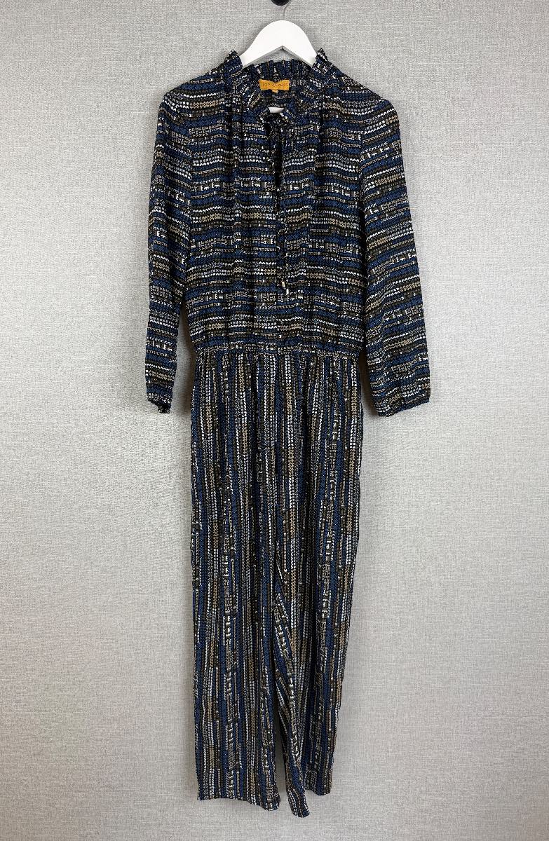 Top Queens Blue Geometric Print Long Sleeve Wide Leg Jumpsuit Size M