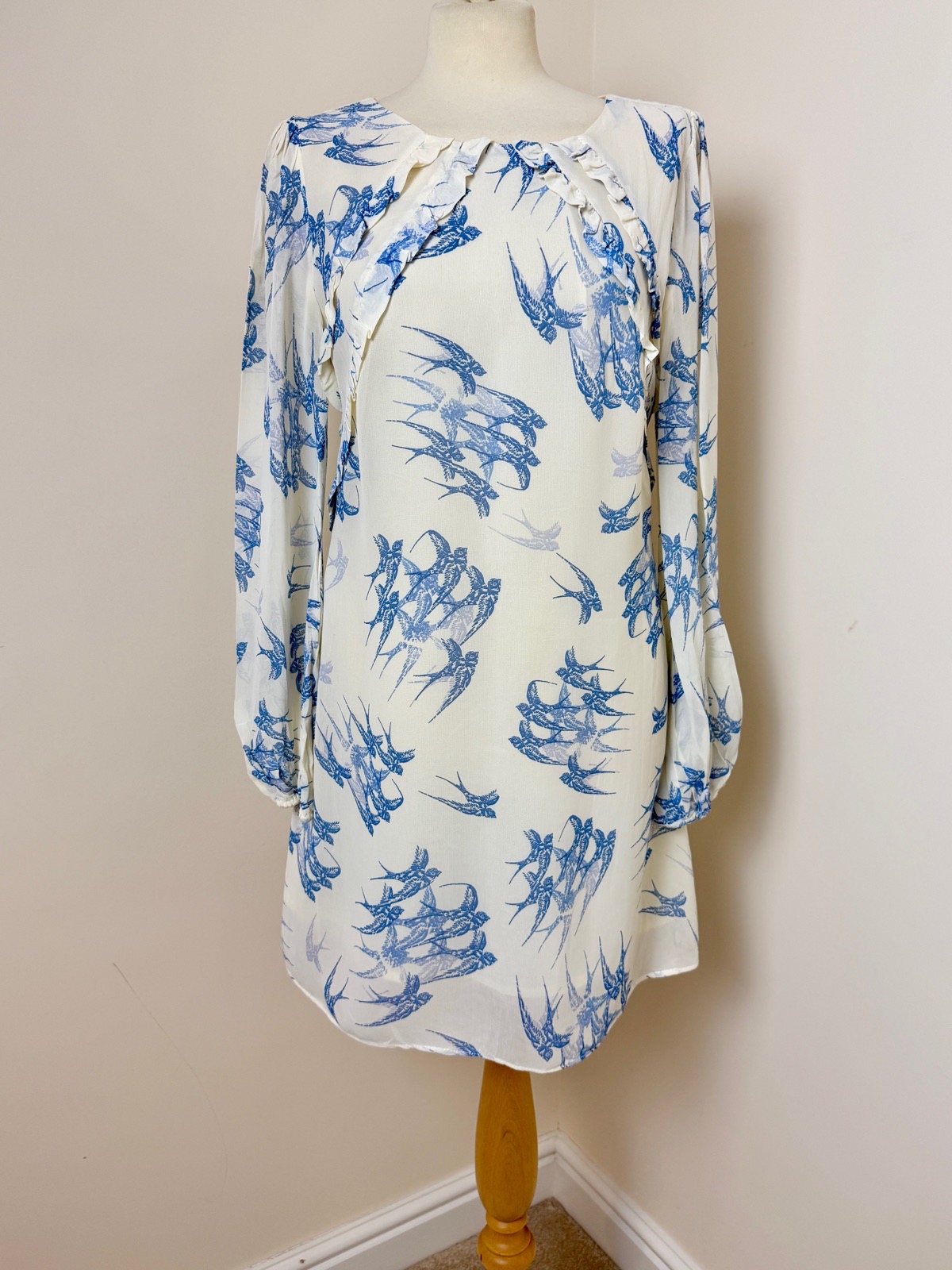 Oasis Bird Print Shift Dress UK12 Cream Blue Ruffle Long Sleeve Mini