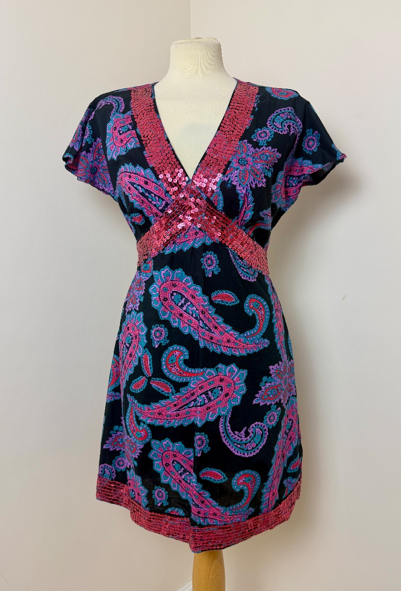 Evie Black Paisley Sequin Mini Dress UK12 Boho Festival Beach Holiday