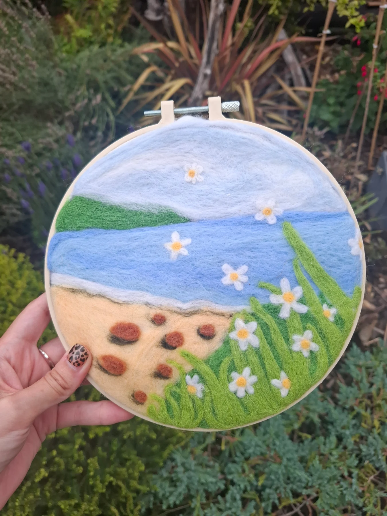 Needle felt framed beach coast landscape craft picture boho cottagecore whimsical