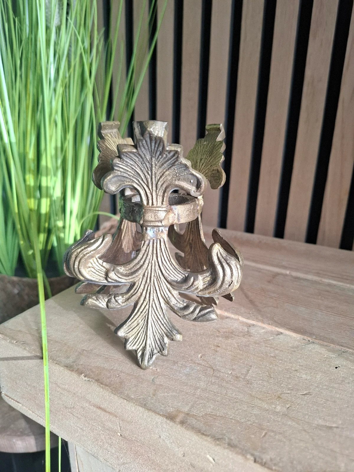 Brass vintage candle holder fleur de lis trio stand
