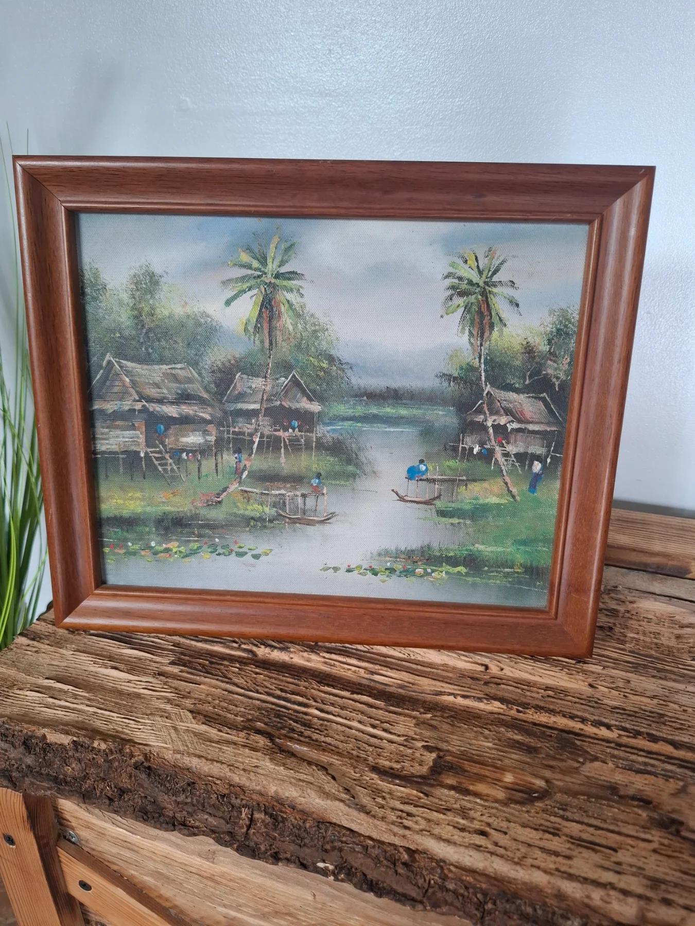 Vintage Thai landscape oil painting stilt houses decor rustic Asian tropical art