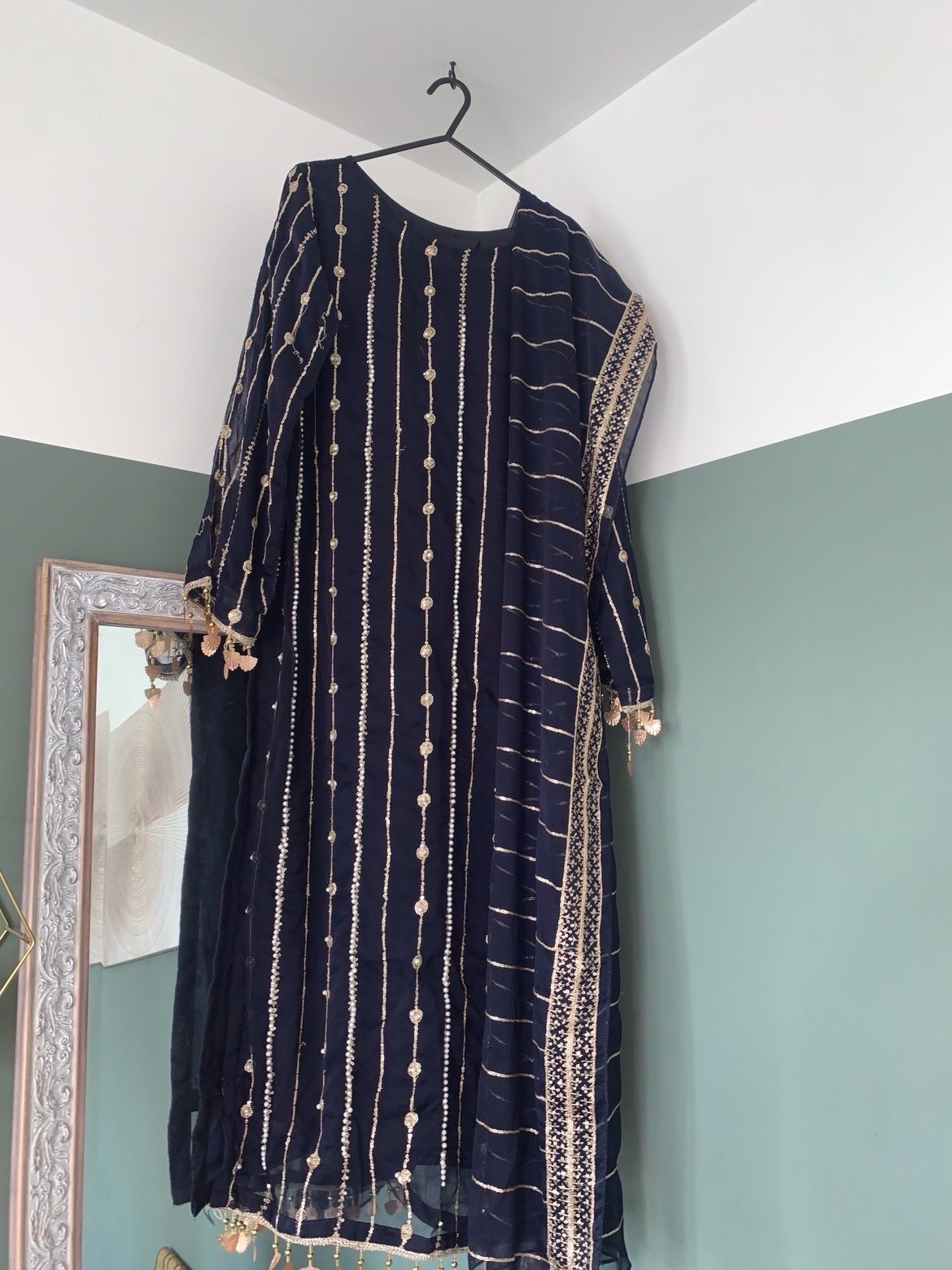 ✨ Elegant Navy Blue & Gold Embroidered 3-Piece Suit with Tassels ✨