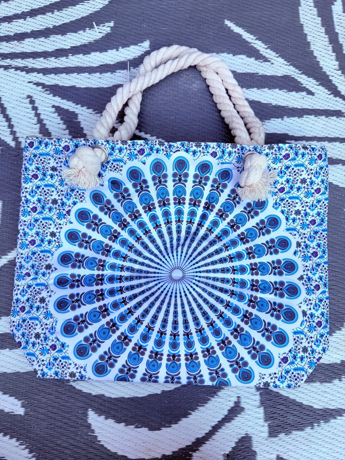 Blue Mandala Print Beach Tote Bag Rope Handles Boho Holiday Shopper