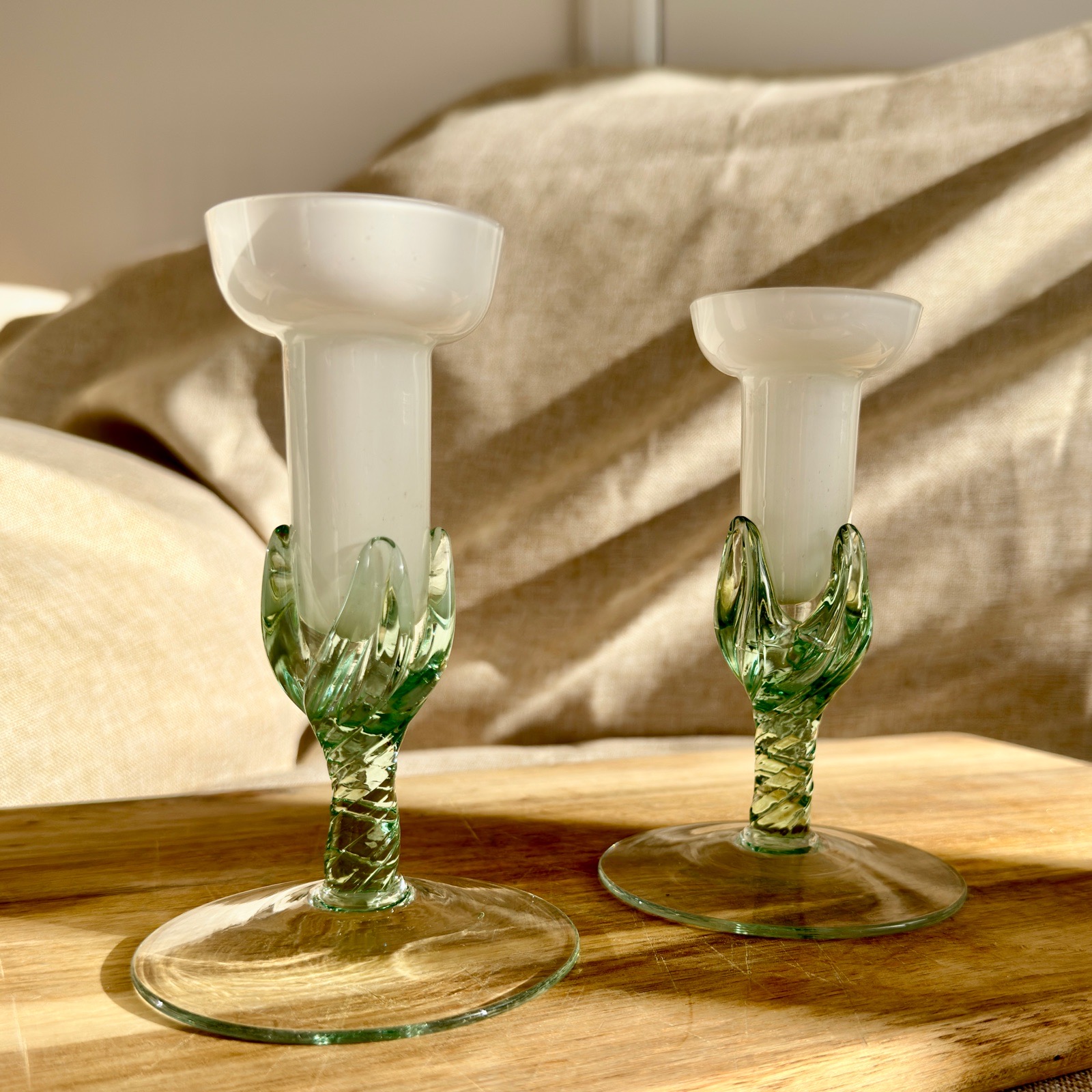 Pair Green & White Art Glass Candlestick Holders Retro Vintage Style 13cm