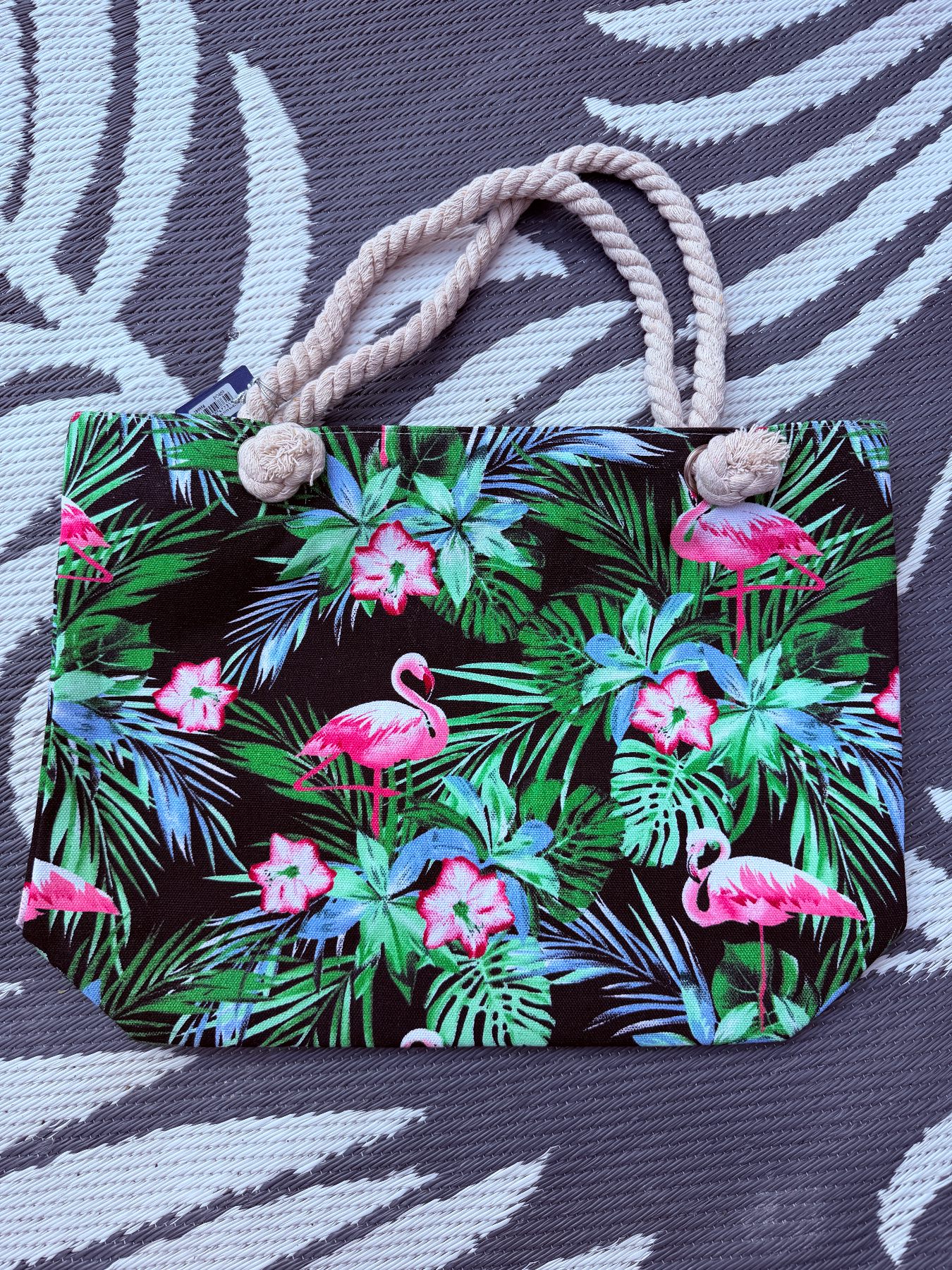 Tropical Flamingo Print Beach Tote Bag Rope Handles Holiday Shopper