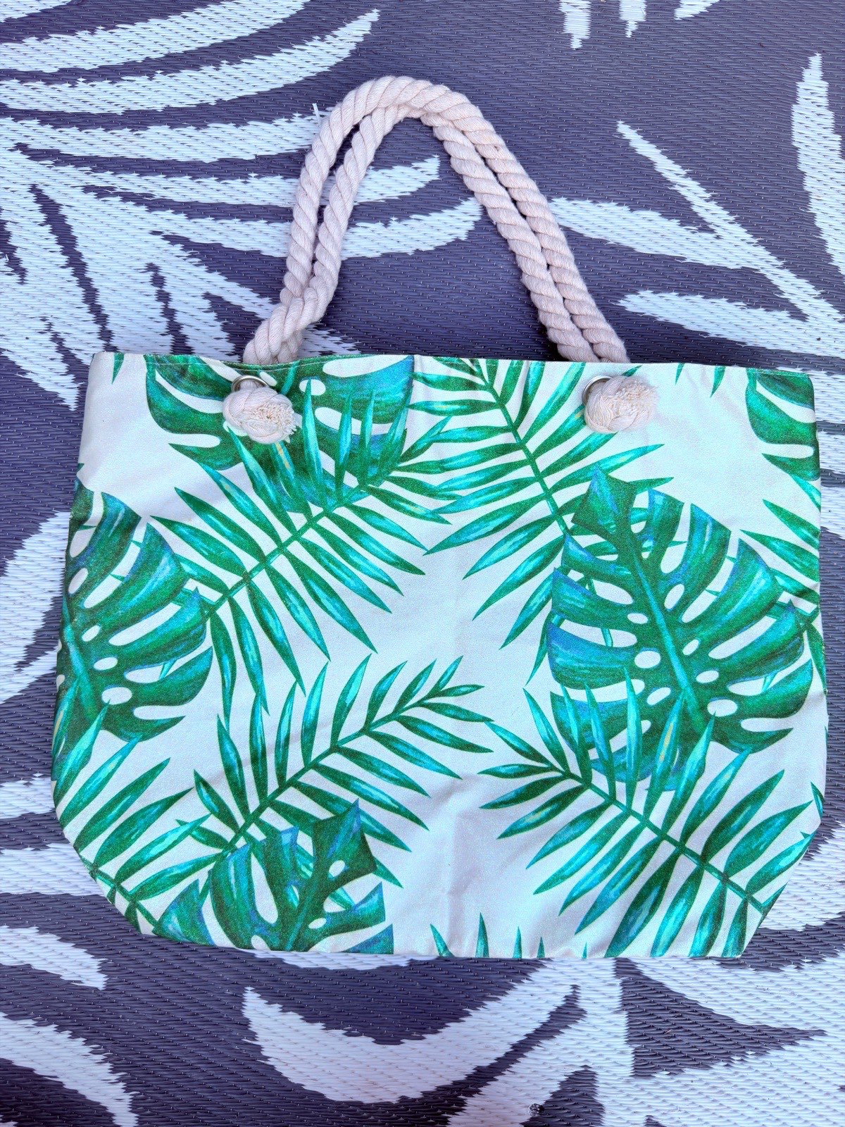 Green Tropical Leaf Beach Tote Bag Rope Handles Summer Holiday Shopper