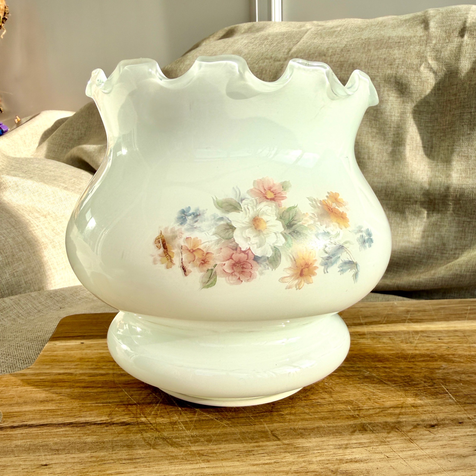 Vintage St Michael M&S Floral Milk Glass Lampshade Ruffled Edge