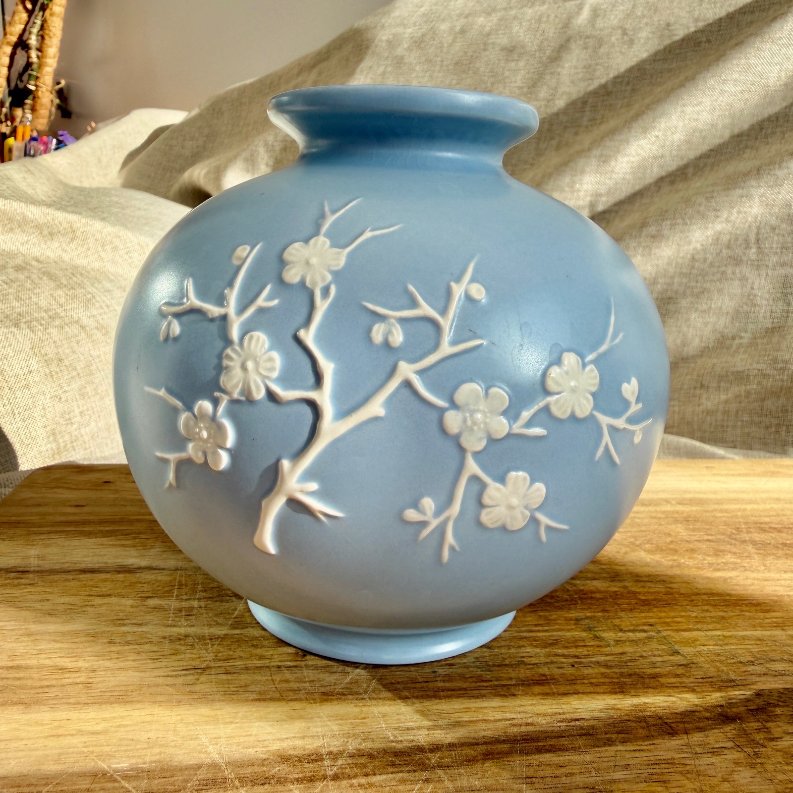Vintage Spode English Lavender Powder Blue Prunus Cherry Blossom Floral Vase 13cm