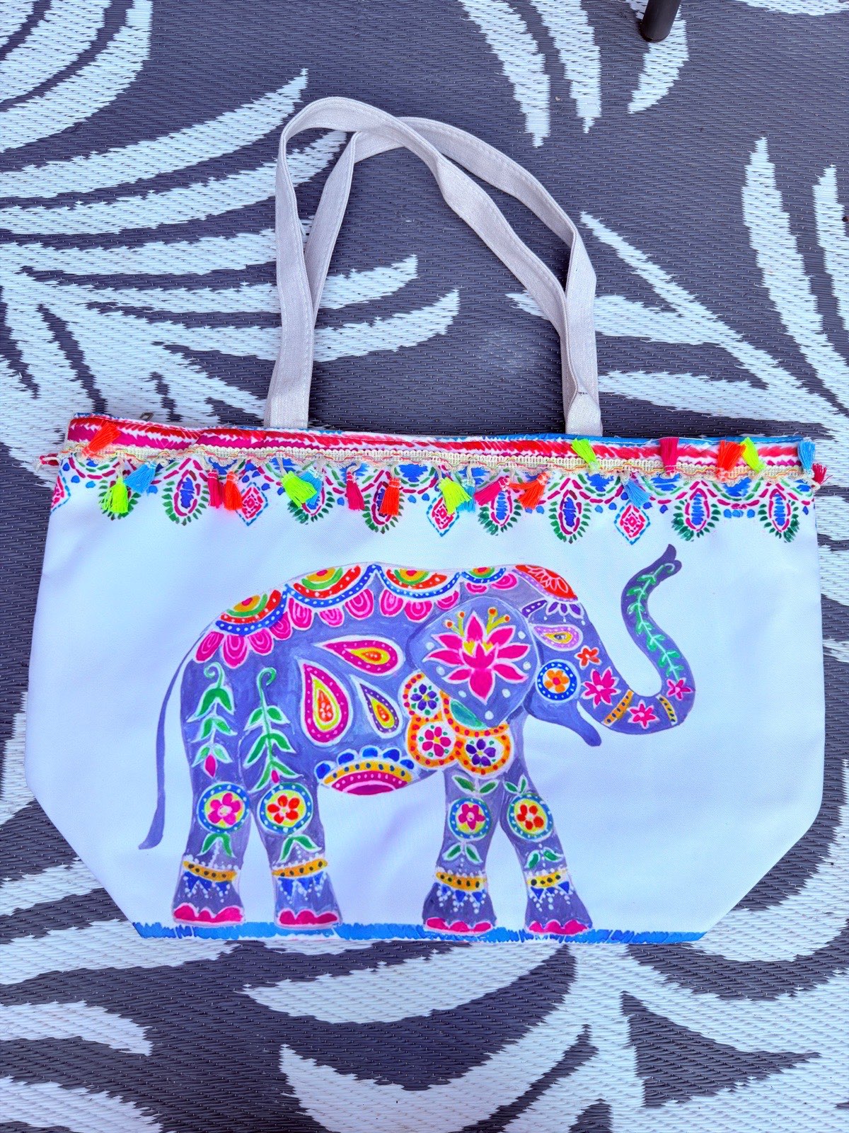 Colourful Elephant Beach Tote Bag Tassel Trim Boho Holiday Shopper