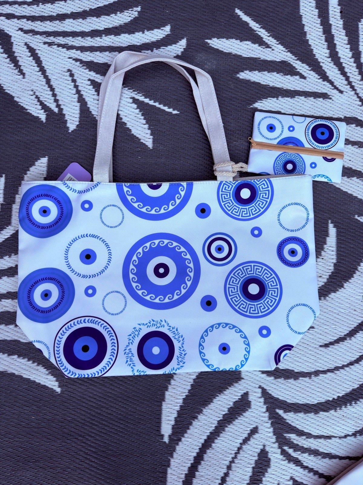 Blue Greek Eye Beach Tote Bag with Matching Zip Pouch Holiday Shopper