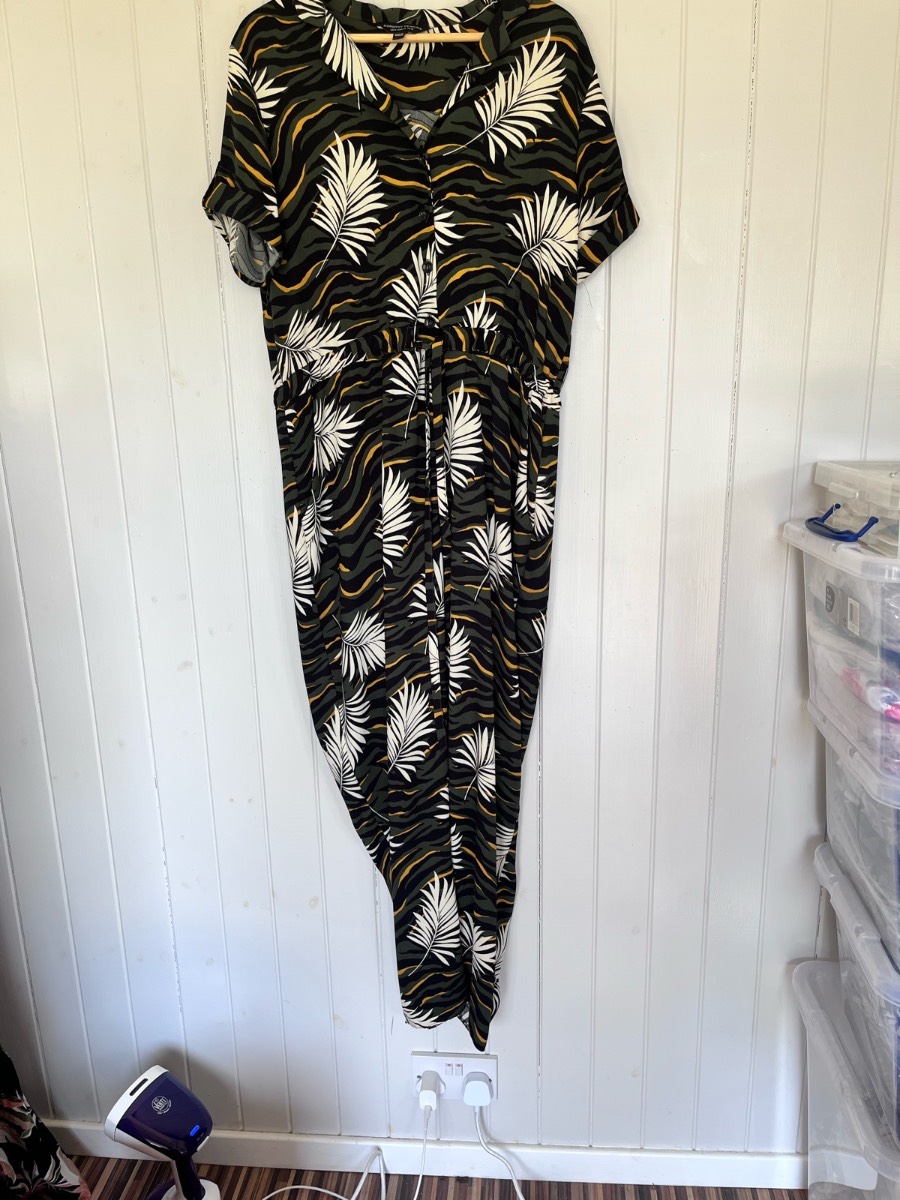 Dorothy Perkins Palm Print Utility Jumpsuit UK 16 Green Black Belted Short Sleeve
