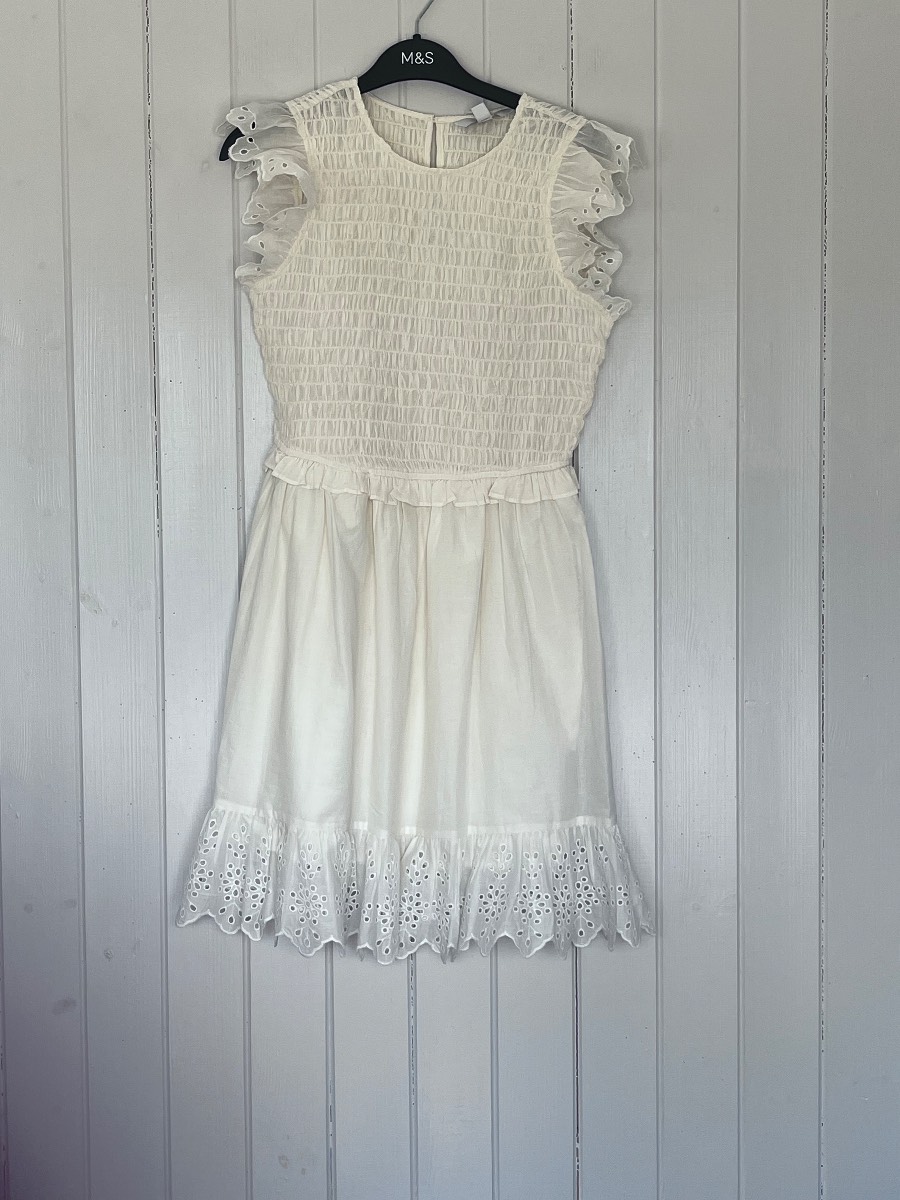 M&S Collection Ivory Shirred Broderie Anglaise Cotton Dress BNWT UK 8Oo