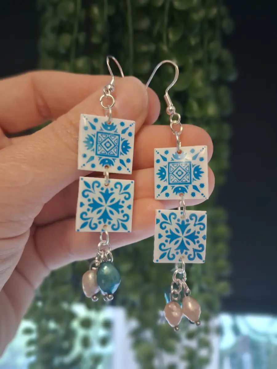 Morrocan tile drop earrings genuine pearls