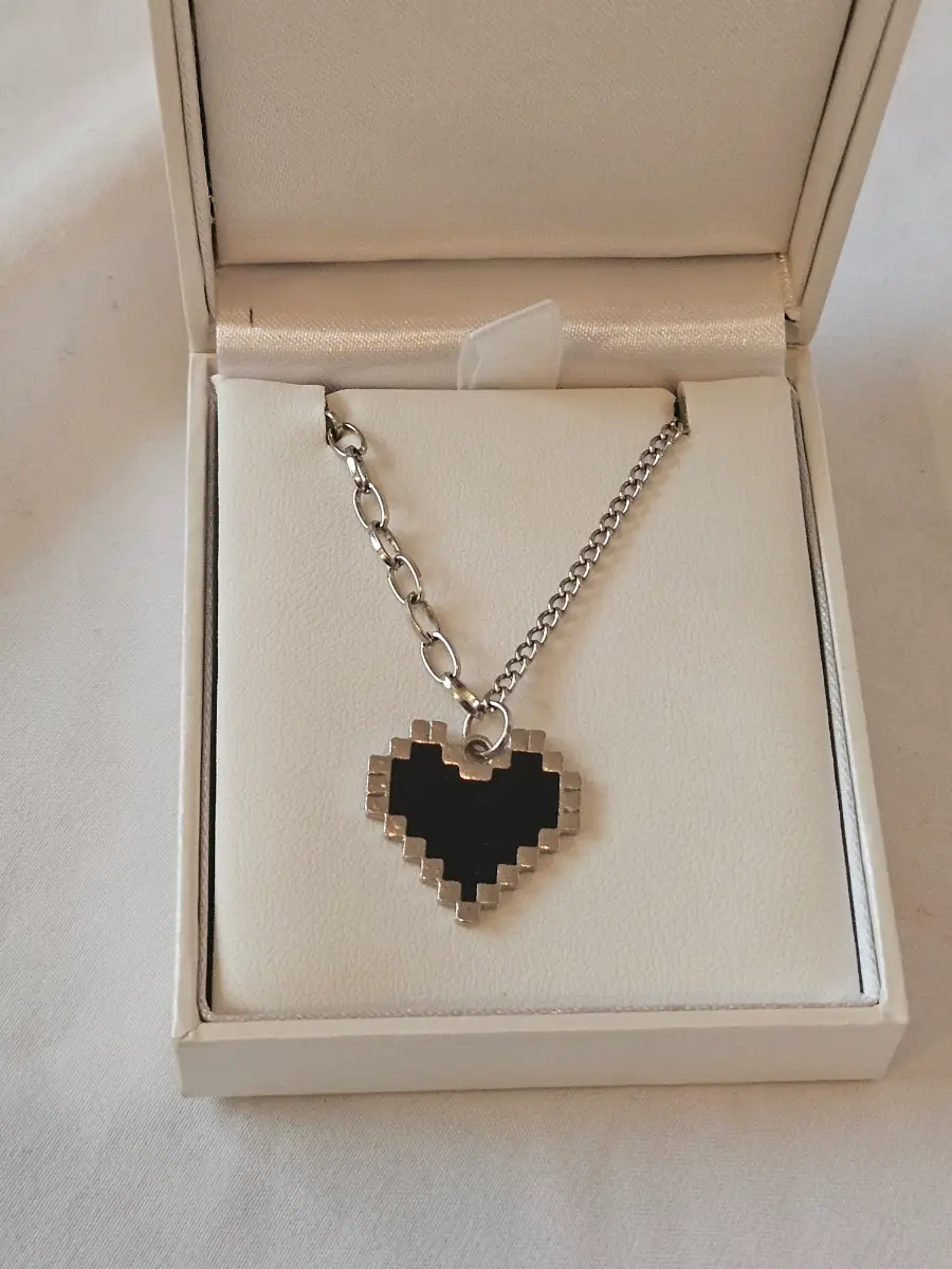 Pixel 8 bit heart necklace silver chain gift box Y2K alt gamer