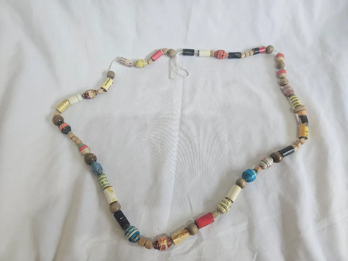 Eco boho rolled paper bead & wooden strand recycled newspaper necklace