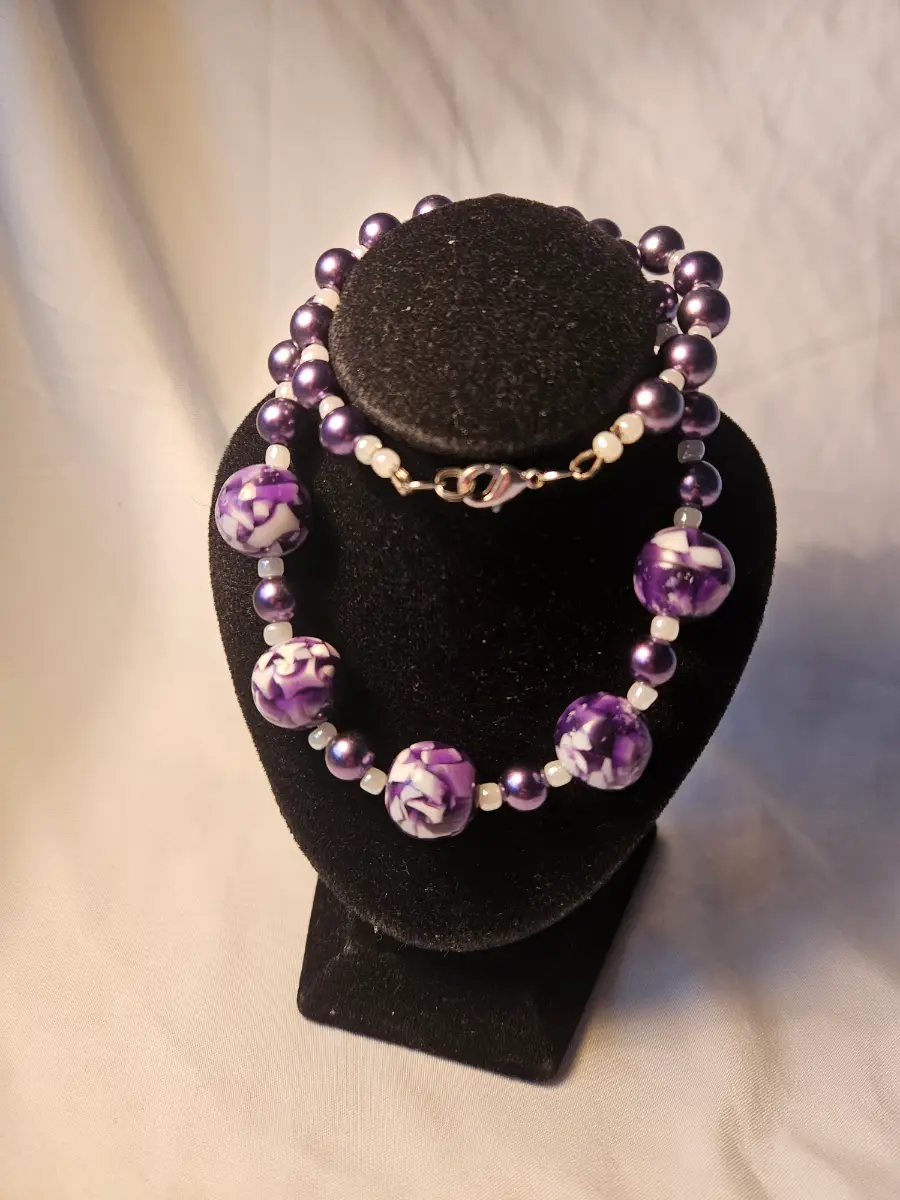 Purple pearl beaded necklace white mosaic terrazzo  round accent beads silver clasp