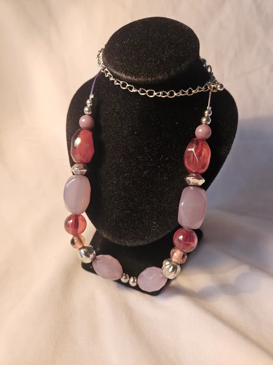 Y2k chunky mauve & lilac beaded necklace plum crystal tone statement choker