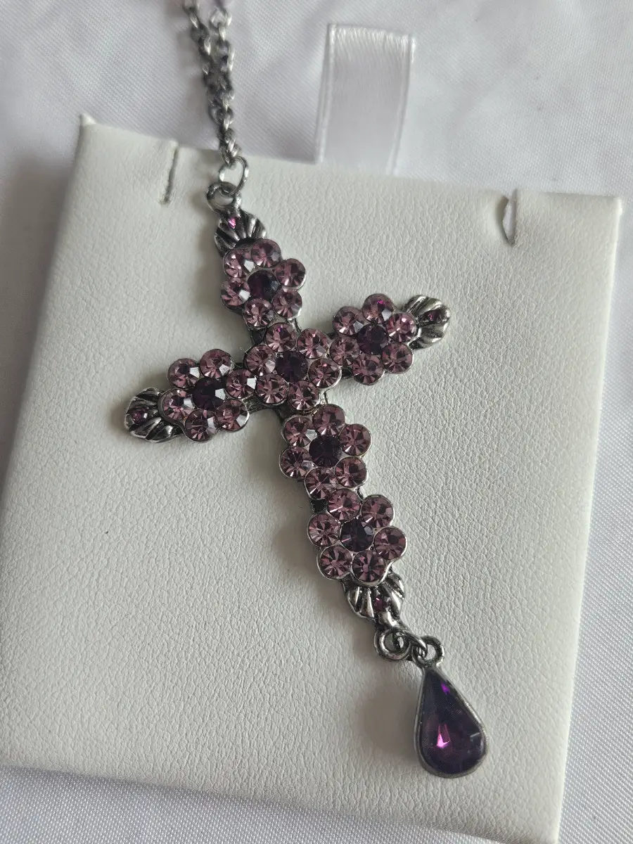 Vintage gothic purple rhinestone cross necklace Silver floral crystal Teardrop pendant