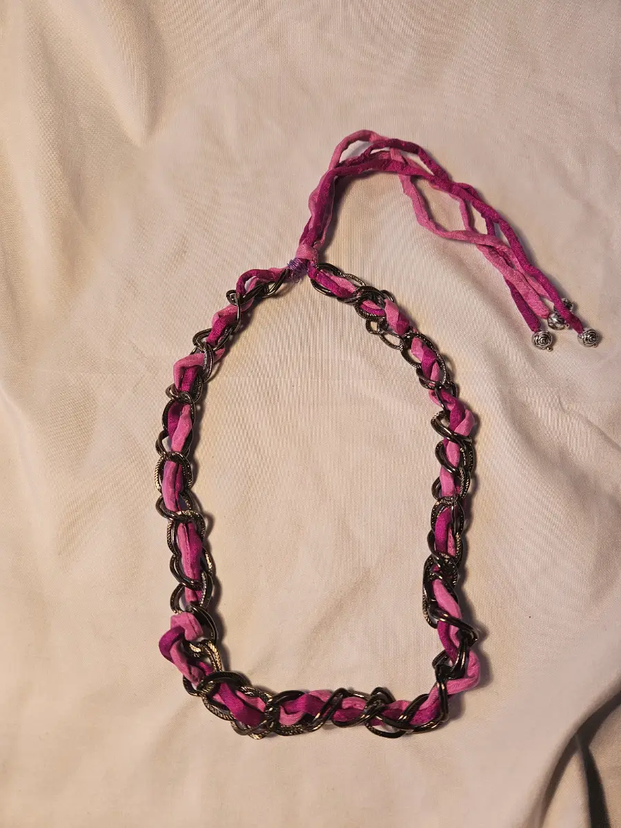 Y2k boho pink silk ribbon woven chain choker rose end tie back necklace